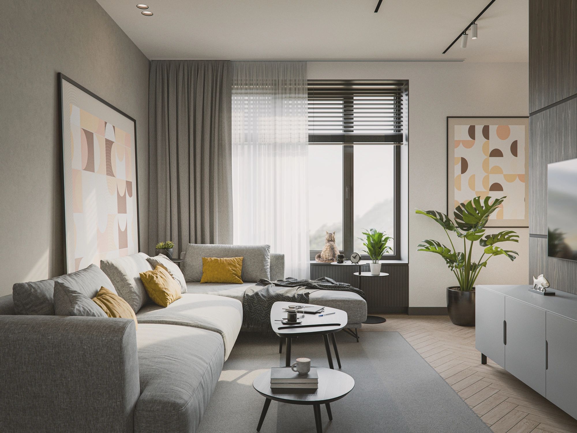 Bright living room with stylish furniture